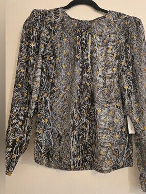 Aqua See Through Black & White Patterned Blouse with Gold Dot Accents